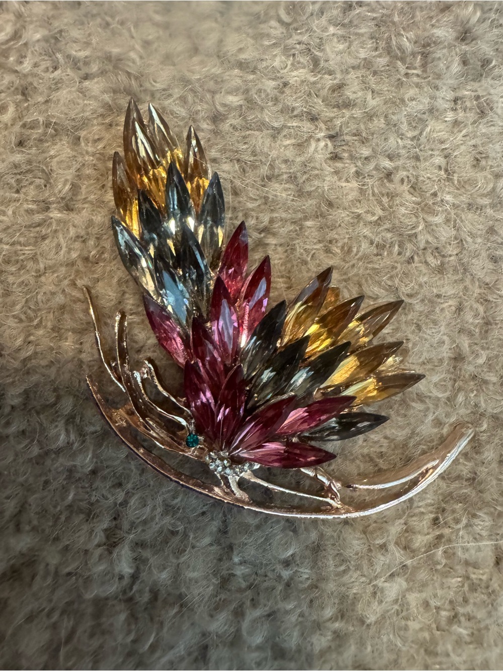 Vintage Multi-Color Rhinestone Feather Brooch